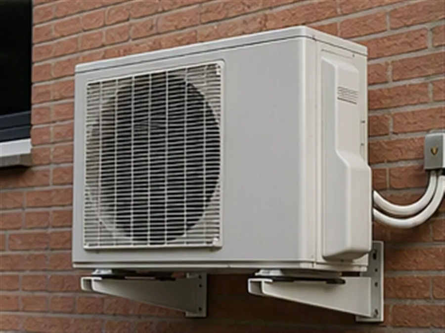 Moderne airco-buitenunit gemonteerd aan de gevel van een woning