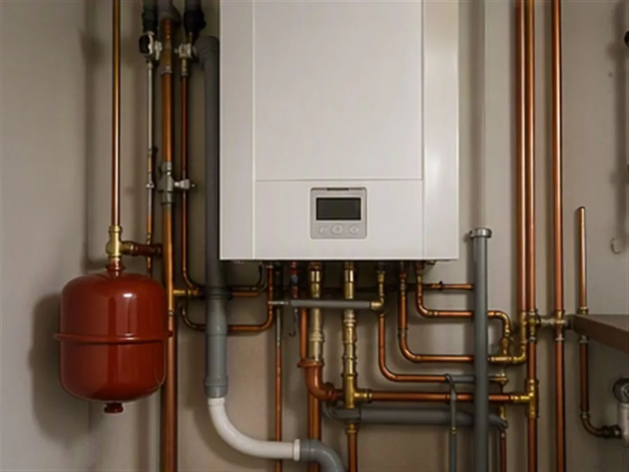 Moderne cv-ketel met koperen leidingwerk in een nette technische ruimte