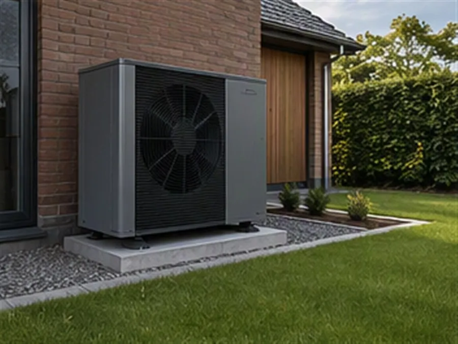 Buitenunit van een warmtepompinstallatie naast een woning